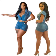 Load image into Gallery viewer, Short Sleeve Hollow Out Denim Romper
