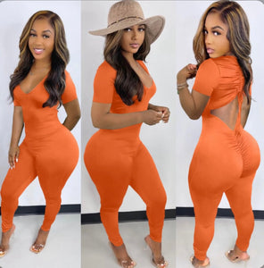 A Solid Backless Drawstring Ruched Jumpsuit