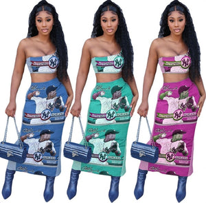 Baseball Print Slash Shoulder Tops And Skirt Two Piece Set Www.dreamempirellc.com