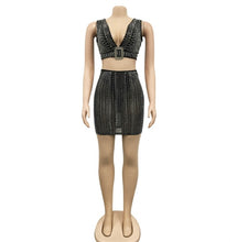 Load image into Gallery viewer, Sexy Mesh Hot Drill Sleeveless Two Piece Skirt Set
