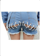 Load image into Gallery viewer, Denim Backless Long Sleeve Top+Lace-Up Shorts 2 Piece Sets
