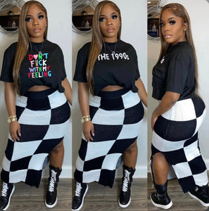 Black White Plaid Print Two Piece Skirt Set
