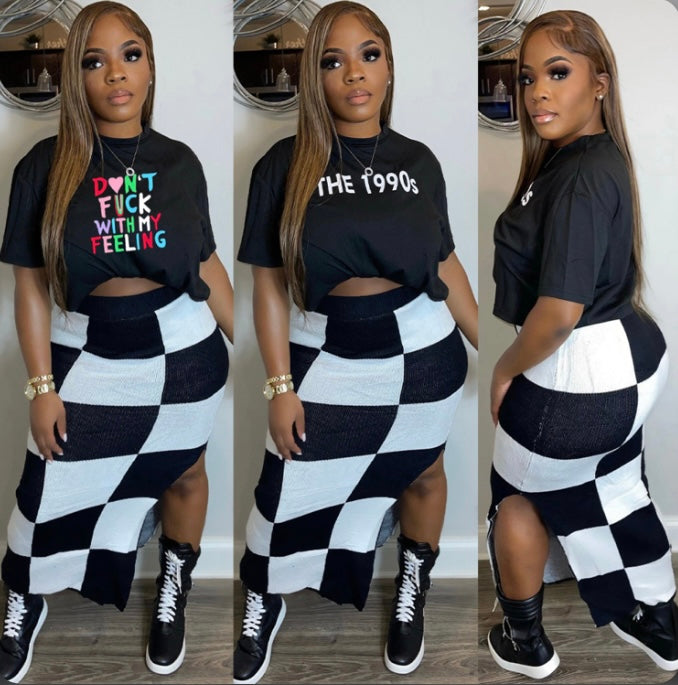 Black White Plaid Print Two Piece Skirt Set