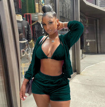Load image into Gallery viewer, Velvet Hooded Zipper Coat+Bra Top+Shorts 3 Piece Sets
