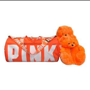 A Teddy Bear Slippers and Pink Duffle Bag