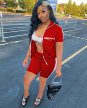 Load image into Gallery viewer, Letter Print Zipper Short Sleeve Shorts 2 Piece Set
