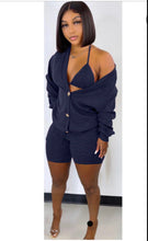 Load image into Gallery viewer, Solid Knitted Full Sleeve Coat+Bra Top+Shorts 3 Piece Sets
