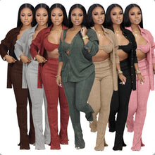 Load image into Gallery viewer, Casual Solid Bra+Long Sleeve Shirt+Slit Pant 3 Piece Set
