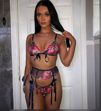 Load image into Gallery viewer, Floral Print Lace Bra G-string with Garter Belt 3 Pieces Sexy Lingerie Set
