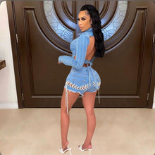 Load image into Gallery viewer, Denim Backless Long Sleeve Top+Lace-Up Shorts 2 Piece Sets

