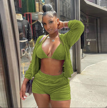 Load image into Gallery viewer, Velvet Hooded Zipper Coat+Bra Top+Shorts 3 Piece Sets
