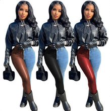 Load image into Gallery viewer, Fashion Denim PU Leather Splice Pants
