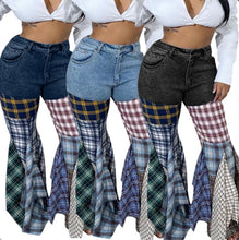 Load image into Gallery viewer, Denim Patchwork Plaid Print Flare Ruffles Pant

