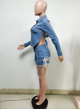 Load image into Gallery viewer, Denim Backless Long Sleeve Top+Lace-Up Shorts 2 Piece Sets
