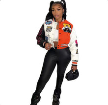 Load image into Gallery viewer, Fashion Print Rib Patchwork Baseball Jacket
