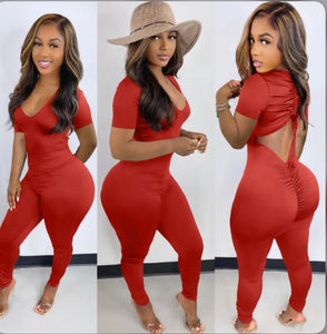 A Solid Backless Drawstring Ruched Jumpsuit