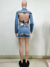 Load image into Gallery viewer, Denim Backless Long Sleeve Top+Lace-Up Shorts 2 Piece Sets
