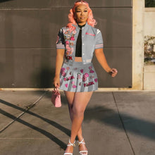 Load image into Gallery viewer, Fashion Print Baseball Jacket And Pleated Skirt 2 Piece Set
