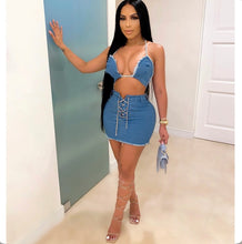 Load image into Gallery viewer, Sexy Denim Halter Top And Mini Skirts Two Piece Sets
